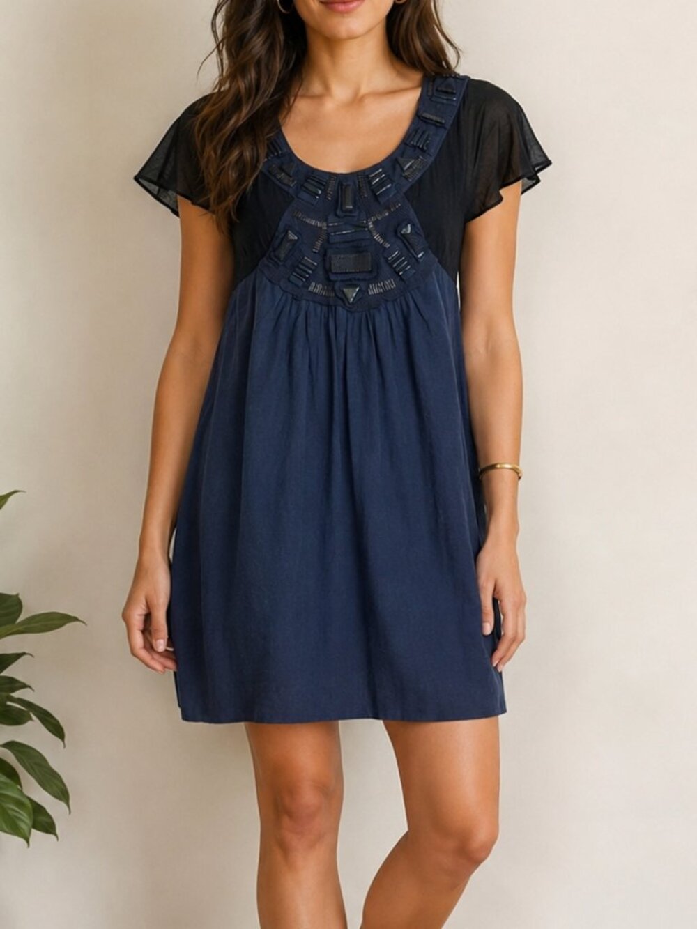 Mint Silk Linen Dress Sz 2 Embellished Neckline Navy Black Babydoll Y2K
